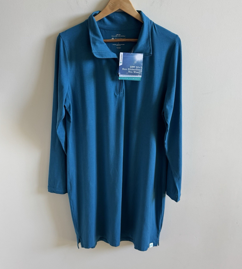 NEW Coolibar Women's Sarasota Quarter Zip UPF 50+ Dress Large Blue Gorp Outdoors
